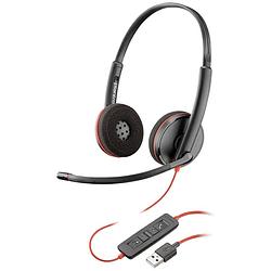 Foto van Poly blackwire c3220 on ear koptelefoon telefoon kabel stereo zwart/rood volumeregeling, microfoon uitschakelbaar (mute)