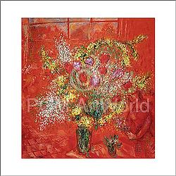 Foto van Marc chagall - fleurs sur fond rouge kunstdruk 70x70cm