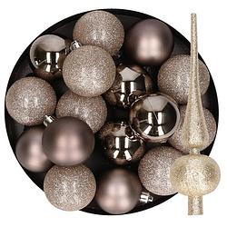 Foto van 24x stuks kunststof kerstballen 6 cm inclusief glitter piek champagne - kerstbal