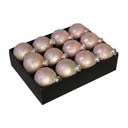 Foto van 24x stuks luxe glazen gedecoreerde kerstballen licht roze 7,5 cm - kerstbal