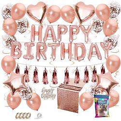 Foto van Fissaly® 45 stuks rose goud verjaardag decoratie versiering met ballonnen - feest - papieren confetti - roze - helium