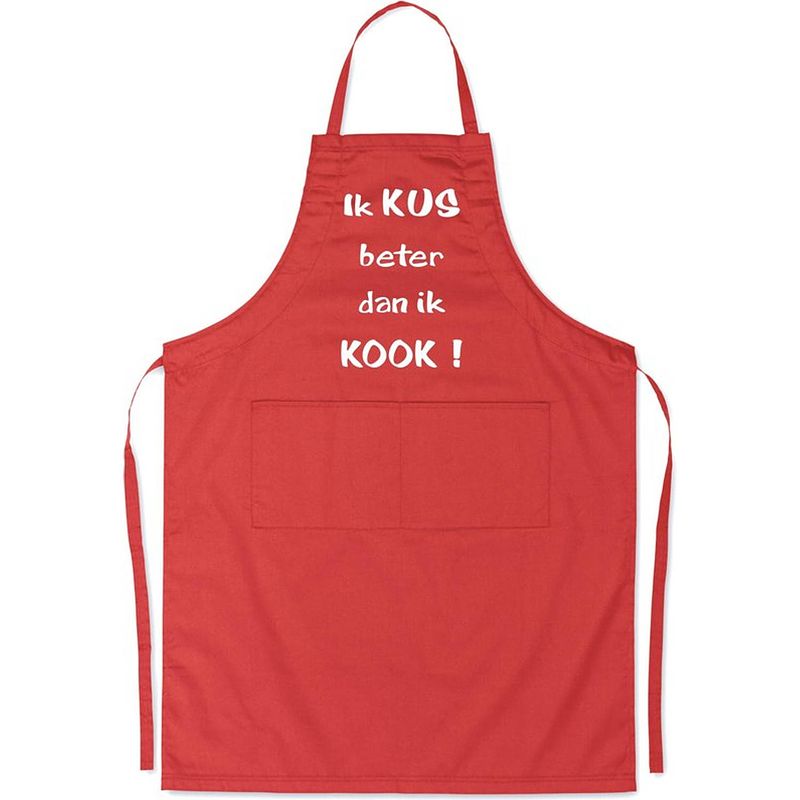 Foto van Ik kus beter dan ik kook! - luxe schort keukenschort met tekst - rood