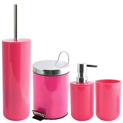 Foto van Msv toiletborstel in houder/beker/zeeppompje/pedaalemmer set moods - kunststof - fuchsia roze - badkameraccessoireset