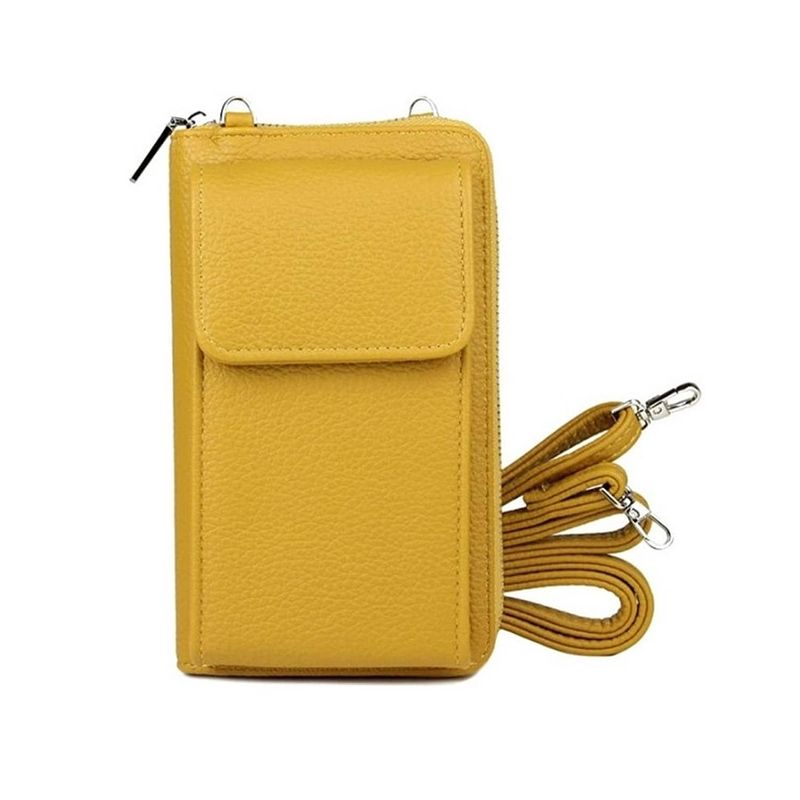 Foto van Ibello portemonnee tasje met schouderband geel telefoontasje dames anti-skim rfid festival tas portemonnee voor mobiel