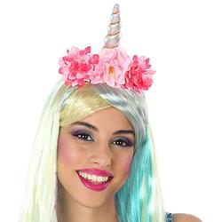 Foto van Atosa verkleed haarband unicorn/eenhoorn - roze gekleurd - meisjes/dames - met bloemen - verkleedhoofddeksels