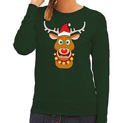 Foto van Foute kersttrui / sweater met rudolf het rendier met rode kerstmuts groen voor dames - kersttruien m (38)