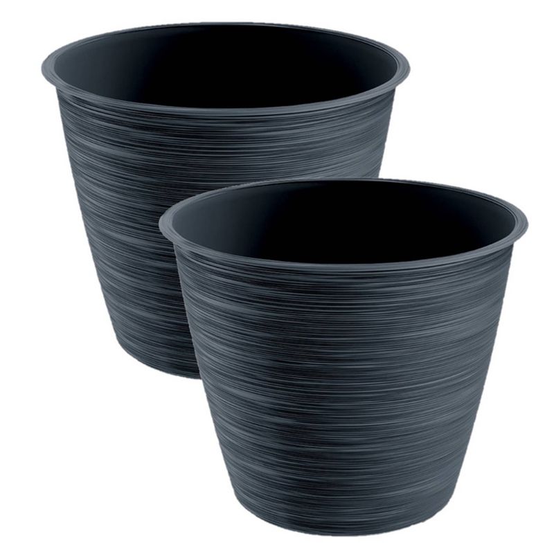 Foto van 2x stuks stijlvolle kunststof plantenpot/bloempot dia 15 cm/hoogte 12.5 cm paintstripe antraciet gri - plantenpotten