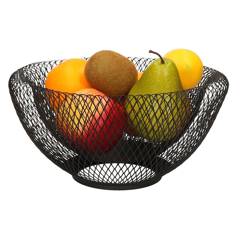 Foto van Metalen fruitmand/fruitschaal zwart rond 31 x 15 cm - fruitschalen