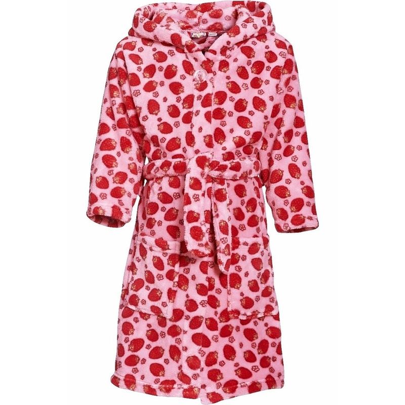 Foto van Roze badjas/ochtendjas met aardbeien print voor kinderen. 134/140 (9-10 jr) - badjassen