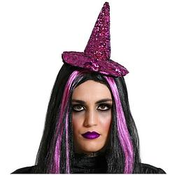 Foto van Halloween heksenhoed - mini hoedje op diadeem - one size - paars glitter - meisjes/dames - verkleedhoofddeksels