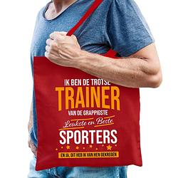 Foto van Cadeau tas voor trainer/coach - rood - katoen - 42 x 38 cm - fun tekst - feest boodschappentassen