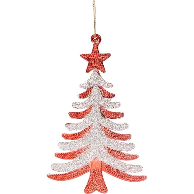 Foto van Decoratieve hanger met glitter - kerstboom - 13 x 13 cm - rood