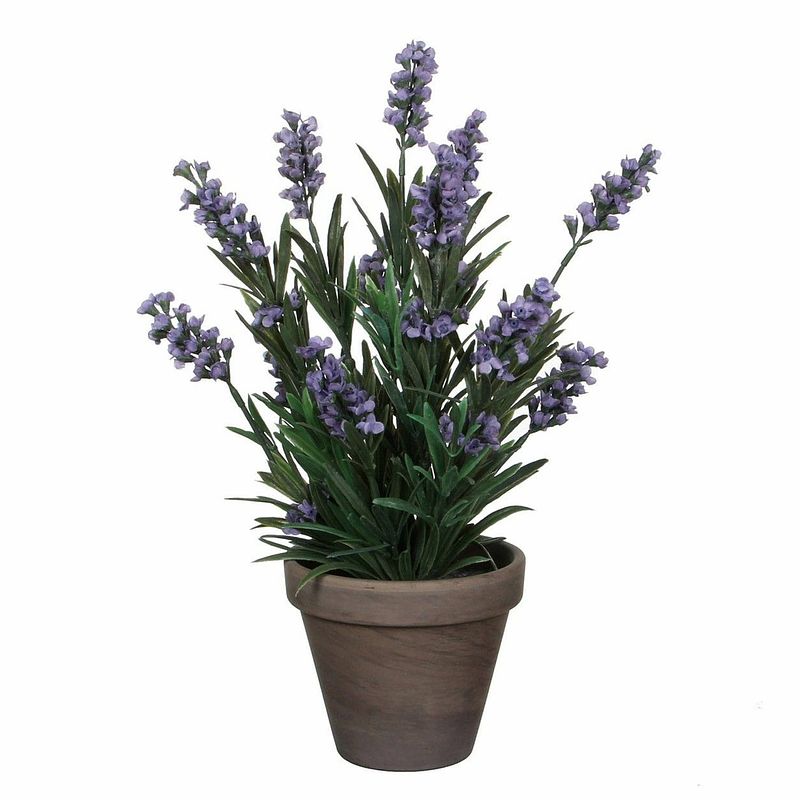 Foto van Groene lavandula/lavendel kunstplant 33 cm in grijze plastic pot - kunstplanten/nepplanten