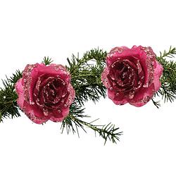 Foto van 2x stuks kerstboom decoratie bloemen framboos roze glitter op clip 14 cm - kunstbloemen