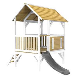 Foto van Axi akela speelhuis op palen & grijze glijbaan speelhuisje voor de tuin / buiten in bruin & wit van fsc hout