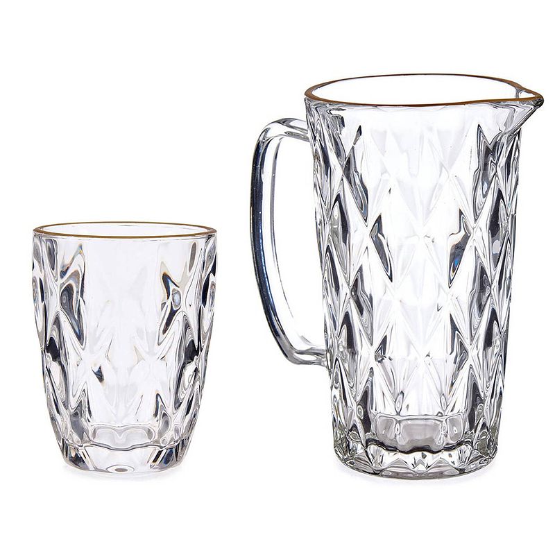 Foto van Waterglazen/drinkglazen en karaf set - 7-delig - kristal look - gouden rand - 270 ml - 1000 ml - drinkglazen