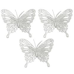 Foto van House of seasons kerst vlinders op clip - 3x st - zilver glitter - 10 cm - kersthangers