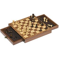 Foto van Goki schaakspel magnetisch 25 cm hout zwart/naturel/lichtbruin