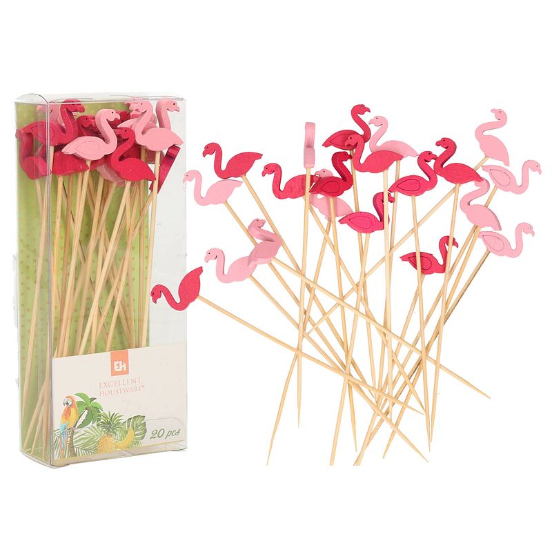 Foto van Excellent houseware cocktail/tapas prikkers - flamingos - 60x stuks - bamboo - 12 cm - cocktailprikkers