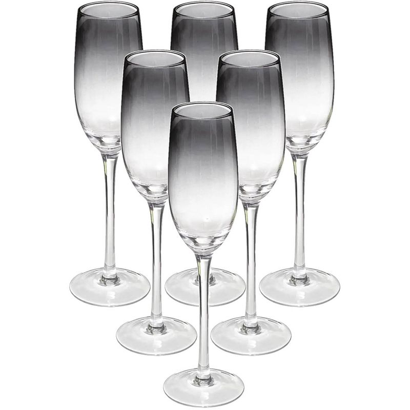 Foto van Set van 6x champagneglazen/flutes zwarte rand sauvage 210 ml van glas - champagneglazen