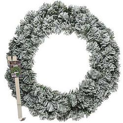 Foto van Kerstkrans 60 cm - groen - besneeuwd - met messing zilveren hanger/ophanghaak - kerstversiering - kerstkransen