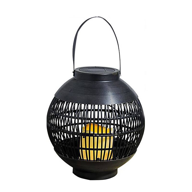 Foto van Buiten/tuin zwarte rotan lampionnen/hanglantaarns 23 cm solar tuinverlichting - lantaarns