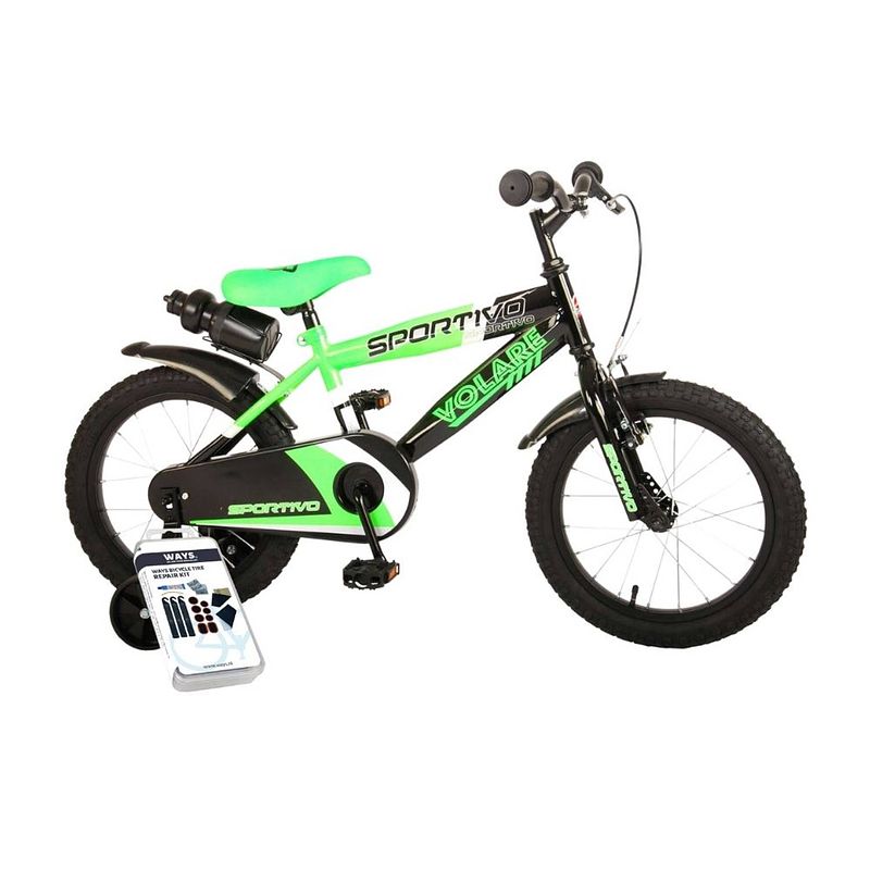 Foto van Volare kinderfiets sportivo - 16 inch - groen/zwart - inclusief ways bandenplakset