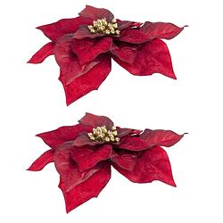 Foto van 2x stuks decoratie bloemen kerstster donkerrood op clip 18 cm - kersthangers