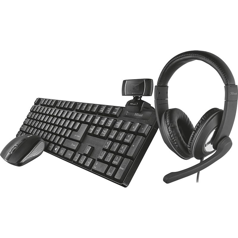 Foto van Trust qoby 4-in-1 home office set met webcam, headset, toetsenbord (azerty) en muis