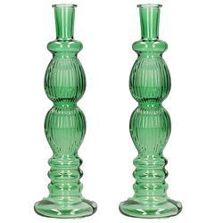 Foto van Ideas 4 seasons bloemenvaas florence - 2x - groen glas - ribbel - d9 x h28 cm - vazen