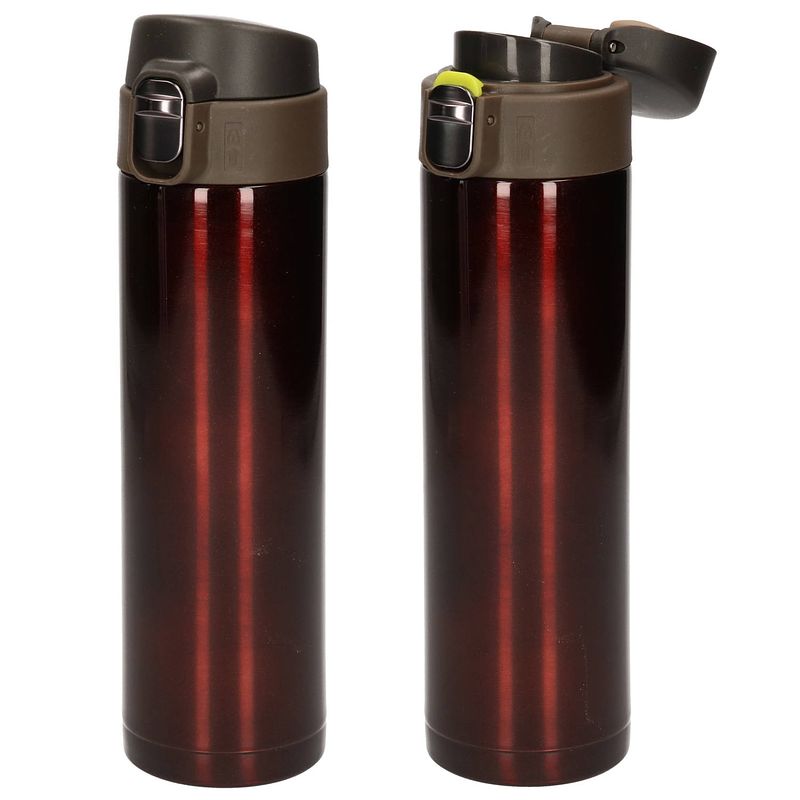 Foto van 2x stuks rvs thermosflessen / isoleerflessen voor onderweg 450 ml kastanje bruin - thermosflessen