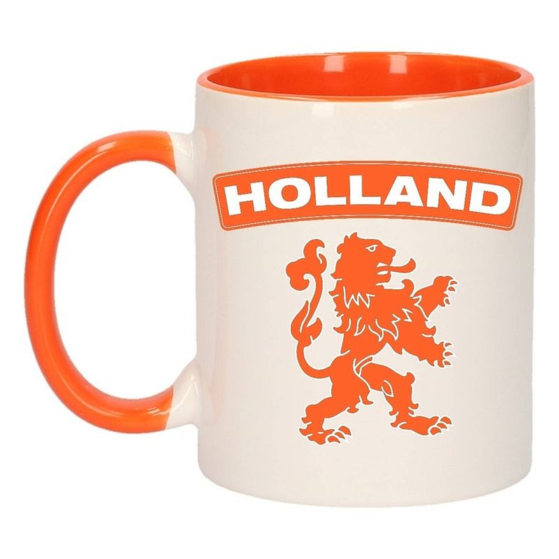 Foto van 1x holland oranje leeuw beker / mok - oranje met wit - 300 ml keramiek - oranje bekers