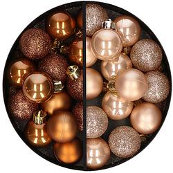 Foto van 28x stuks kleine kunststof kerstballen lichtbruin en bruin 3 cm - kerstbal