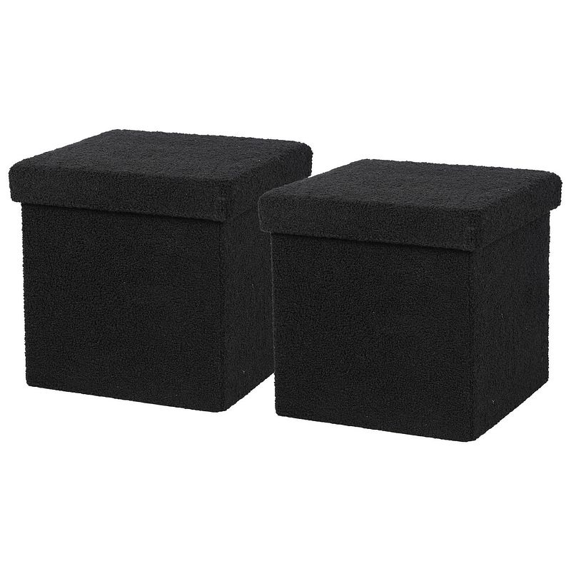 Foto van Urban living poef square box - 2x - hocker - opbergbox - zwart - polyester/mdf - 38 x 38 cm - opvouwbaar - poefs