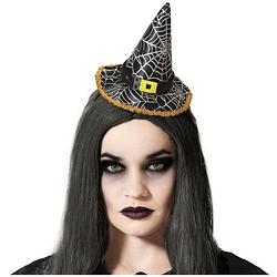 Foto van Halloween heksenhoed - mini hoedje op diadeem - one size - zwart/zilver - meisjes/dames - verkleedhoofddeksels