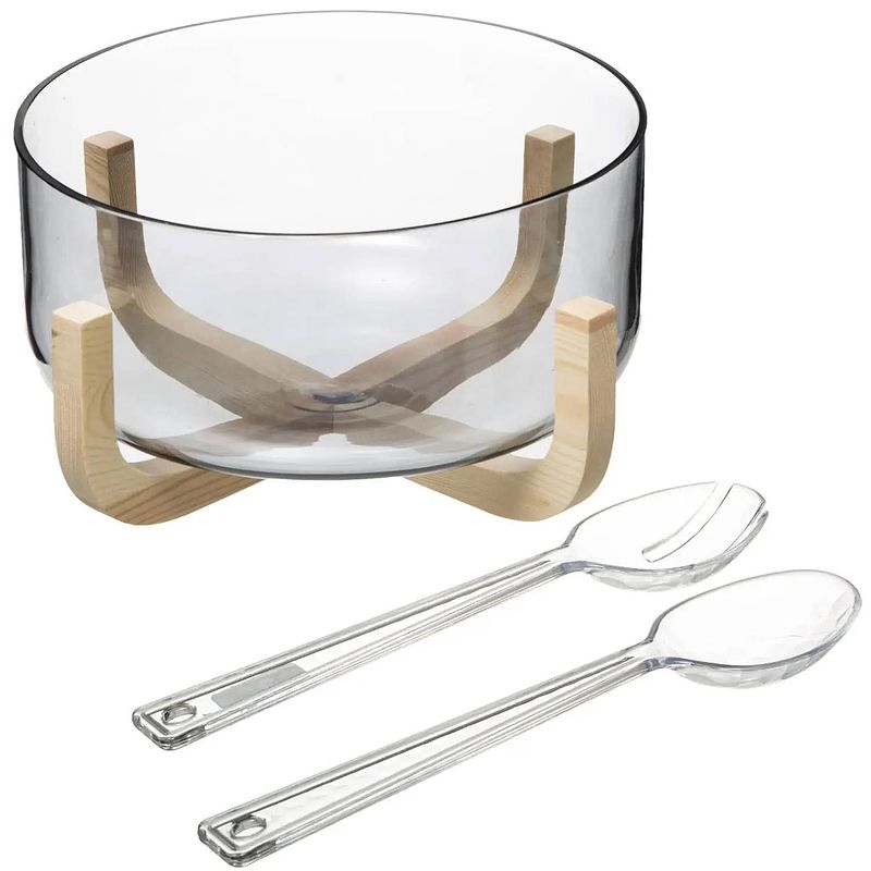 Foto van Secret de gourmet slakom/schaal met slacouvert - glas/hout - d24 cm - saladeschalen