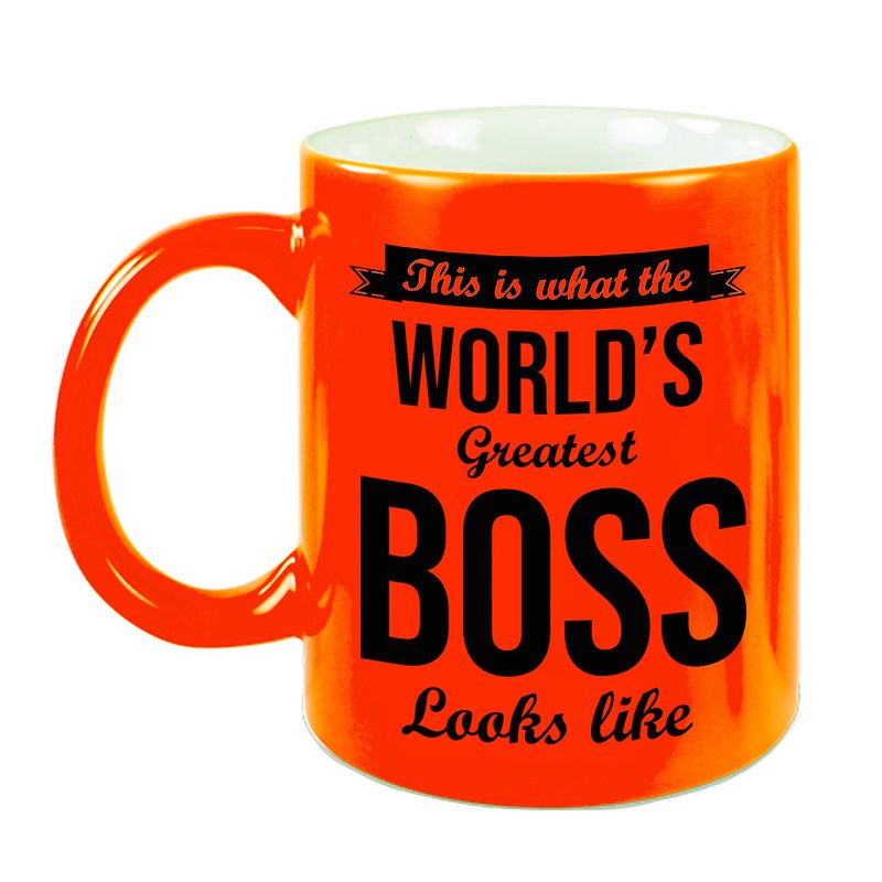 Foto van Worlds greatest boss cadeau koffiemok / theebeker neon oranje 330 ml - feest mokken