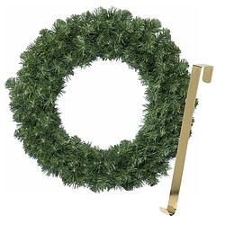 Foto van Kerstkrans 35 cm - groen - met gouden hanger/ophanghaak - kerstversiering - kerstkransen