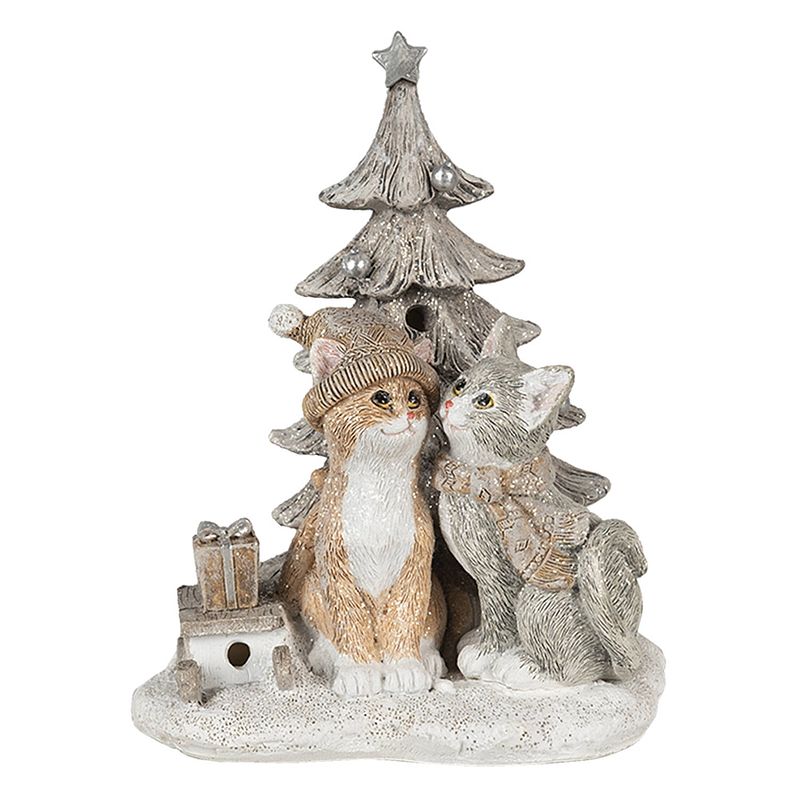 Foto van Clayre & eef kerstdecoratie beeld katten 12*10*16 cm led grijs beige wit kunststof decoratief figuur decoratieve