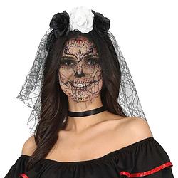 Foto van Halloween thema diadeem met bloemen en sluier - one size - zwart/wit - meisjes/dames - verkleedhoofddeksels