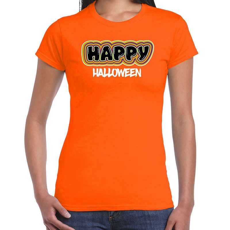 Foto van Bellatio decorations halloween verkleed t-shirt dames - happy halloween - oranje - themafeest outfit xs - feestshirts