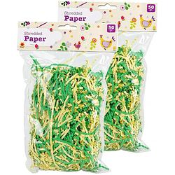 Foto van Set van 4x decoratie paasgras vulmateriaal - crepe papier - groen/geel - 200 gram - feestdecoratievoorwerp