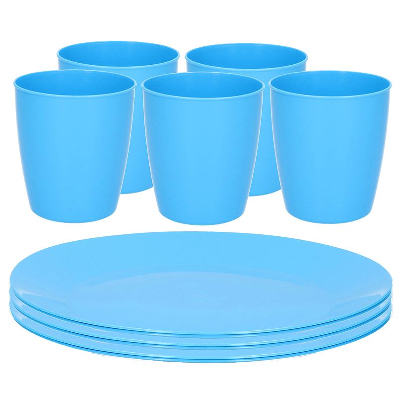 Foto van Kunststof ontbijt/diner 6x bordjes 26 cm en 5x bekertjes 300 ml set blauw - campingborden