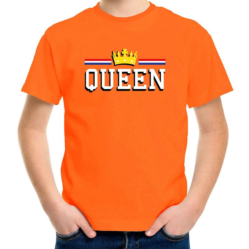 Foto van Queen met kroon t-shirt oranje voor kinderen - ek/wk - koningsdag shirts 110-116 (xs) - feestshirts