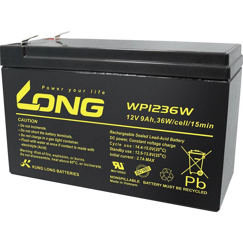 Foto van Long wp1236w loodaccu 12 v 9 ah loodvlies (agm) (b x h x d) 151 x 102 x 65 mm kabelschoen 6.35 mm geringe zelfontlading, onderhoudsvrij