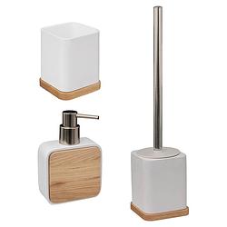 Foto van Badkamer/toilet accessoires set 3-delig - wit - bamboe - wc-borstel/tandenborstelhouder/zeeppompje - badkameraccessoires