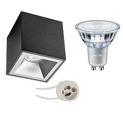 Foto van Opbouwspot set - pragmi cliron pro - gu10 fitting - opbouw vierkant - mat zwart/zilver - verdiept - 90mm - philips -