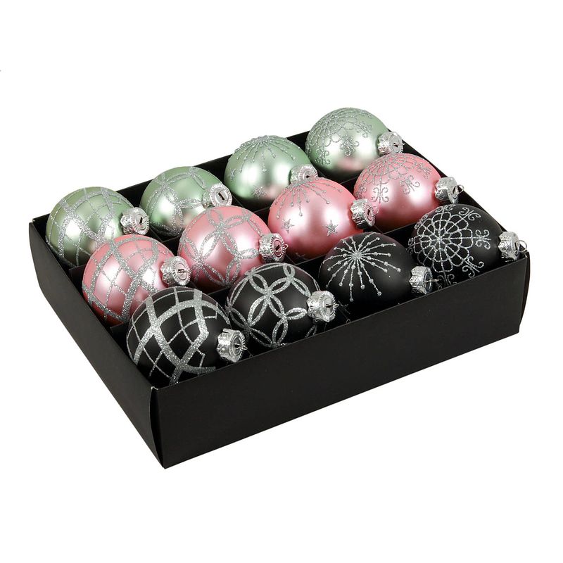 Foto van 24x stuks luxe glazen gedecoreerde kerstballen mint/roze/bruin 7,5 cm - kerstbal