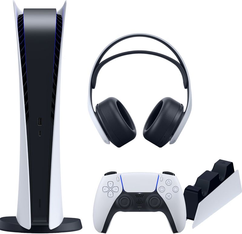 Foto van Playstation 5 digital edition + dualsense oplaadstation + 3d pulse gaming headset