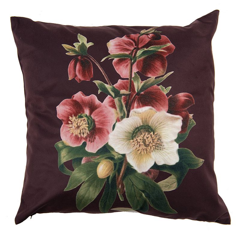 Foto van Clayre & eef kussenhoes 45*45 cm bruin rood polyester vierkant bloemen sierkussenhoes kussen bruin sierkussenhoes